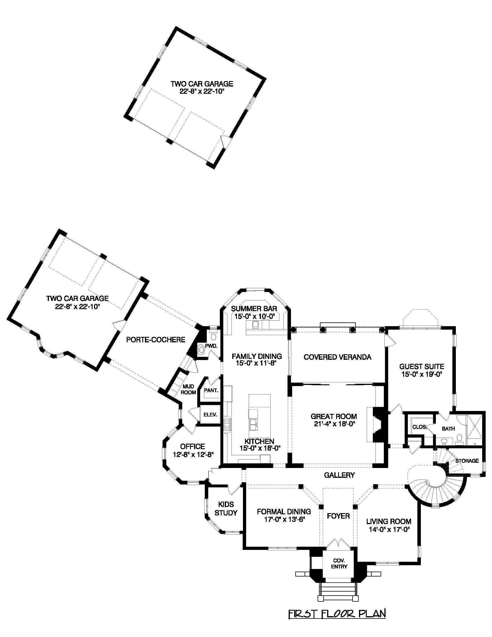 Floor Plan First Story of French Plan #127-1045