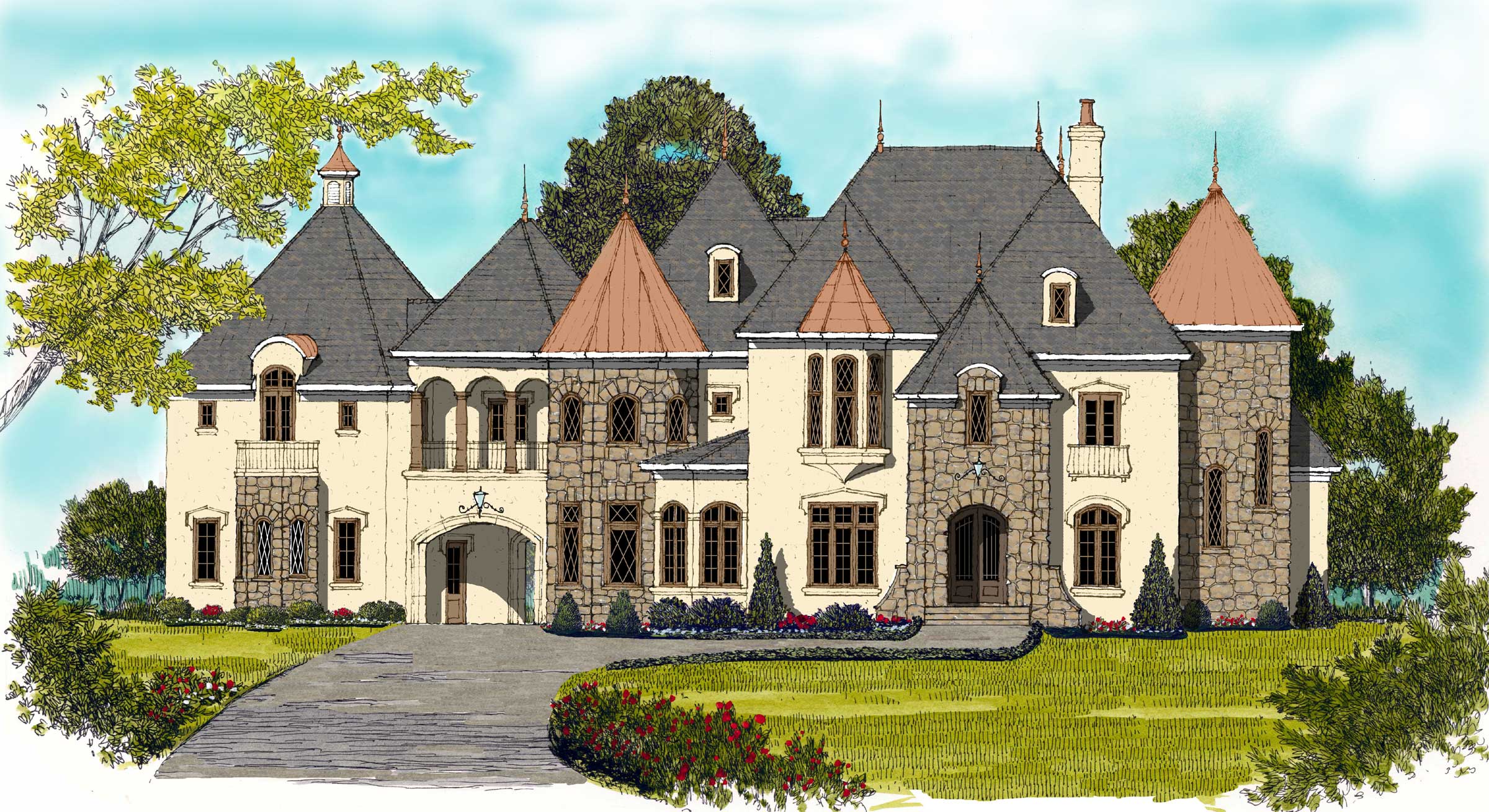 Luxury homeplans color front elevation.