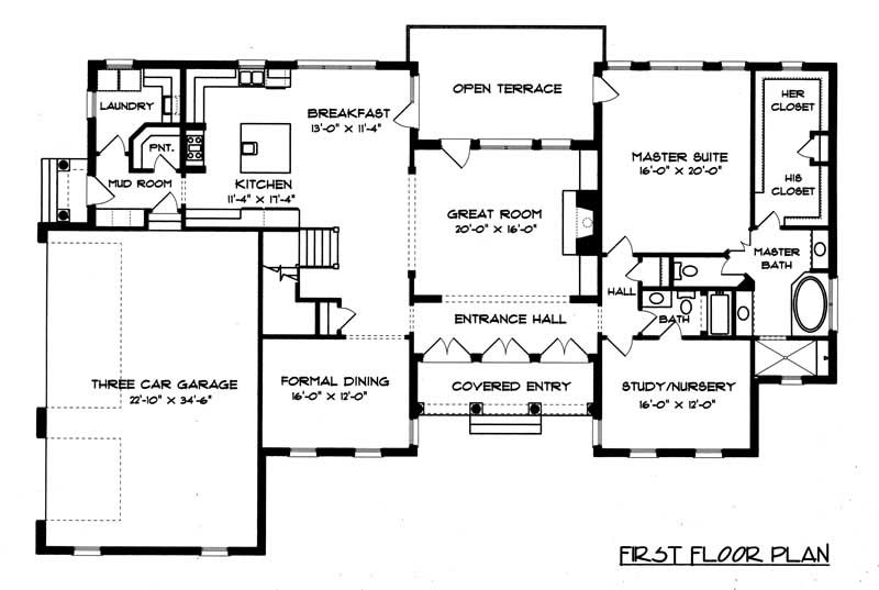 Floor Plan First Story of Colonial Plan #127-1051