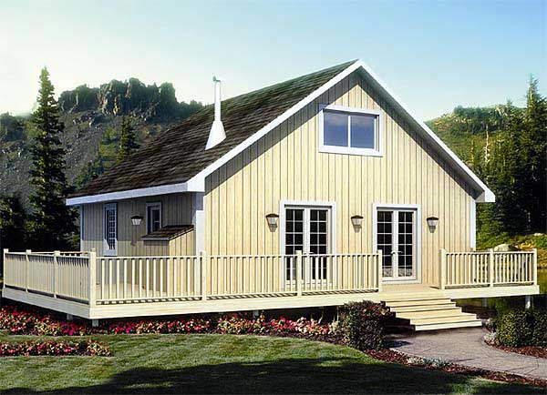 This is the front elevation for these Cabin House Plans.
