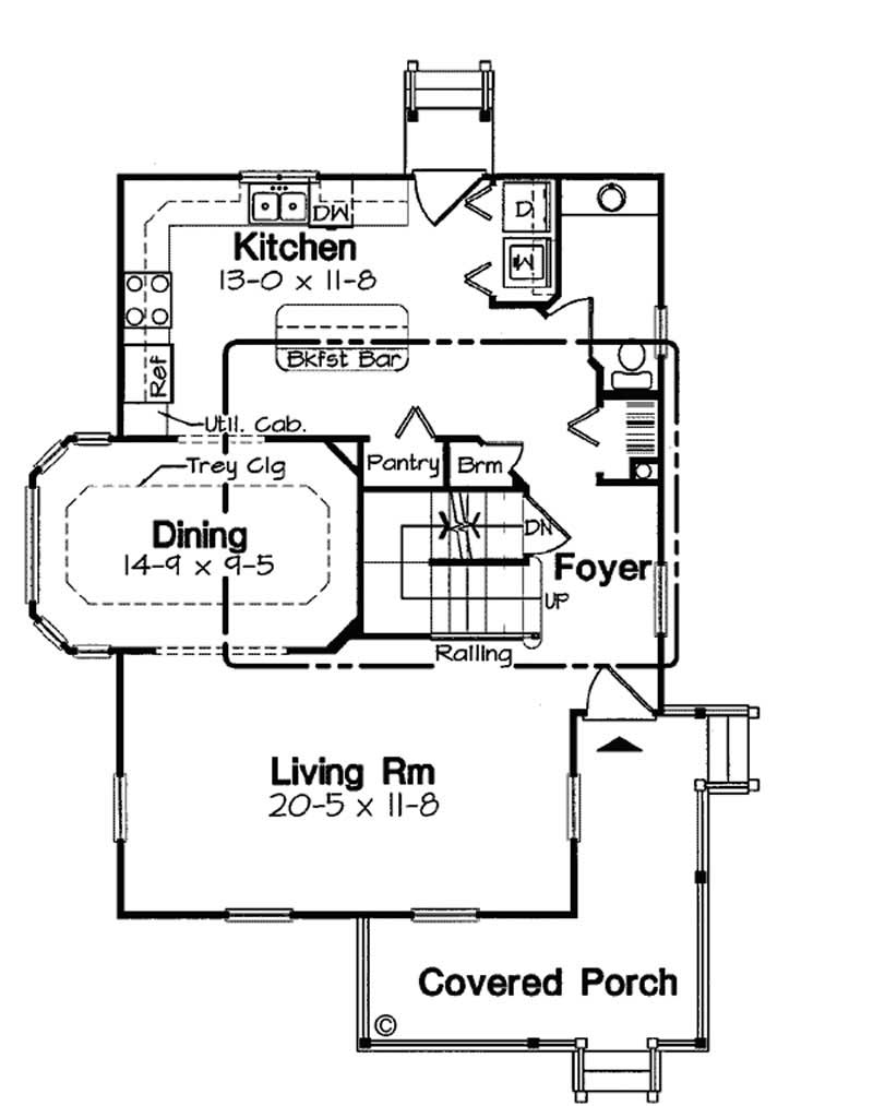 Floor Plan Main Level of Bungalow Plan #131-1090