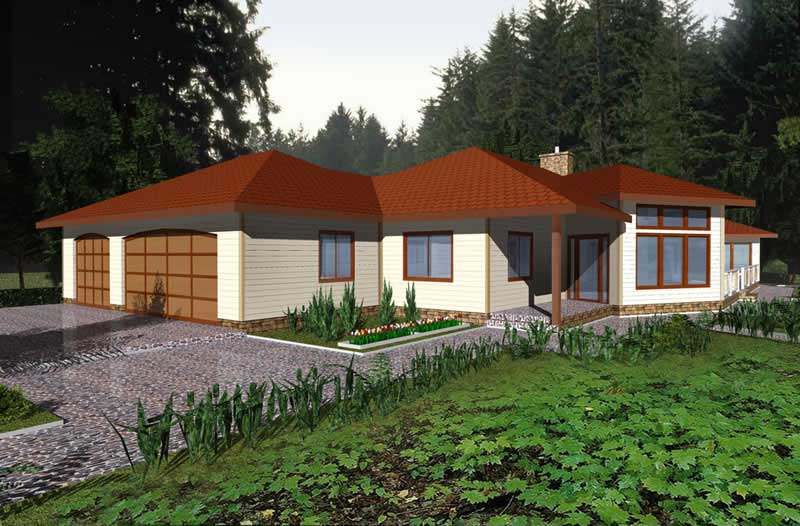 Front Elevation of this Ranch House (#132-1374) at The Plan Collection.