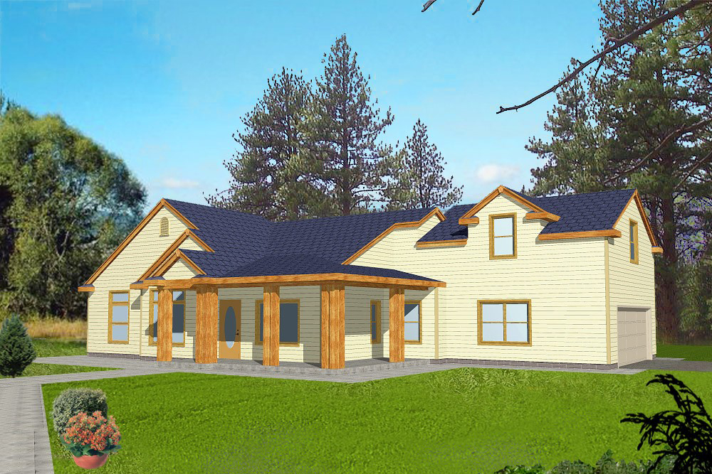 Front Elevation of this Prairie House (#132-1555) at The Plan Collection.