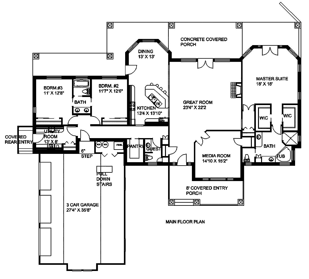 Floor Plan First Story of Ranch Plan #132-1558