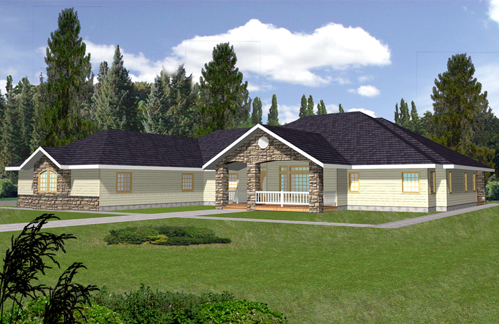 Front Elevation of this Ranch House (#132-1558) at The Plan Collection.