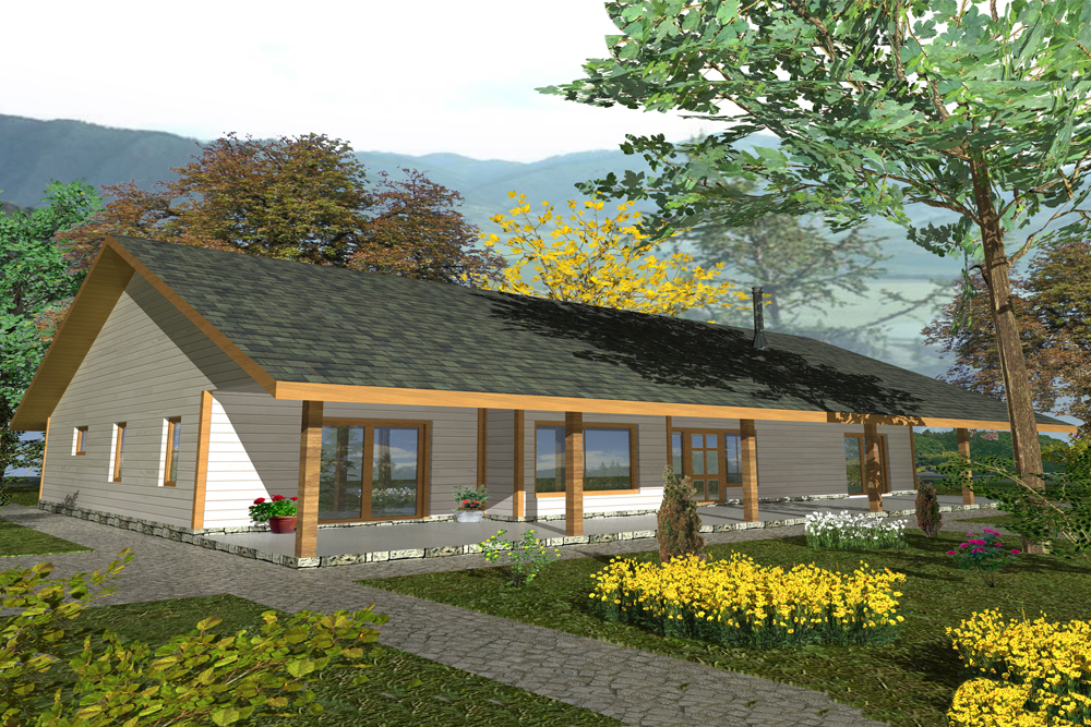 Front Elevation of this Ranch House (#132-1565) at The Plan Collection.