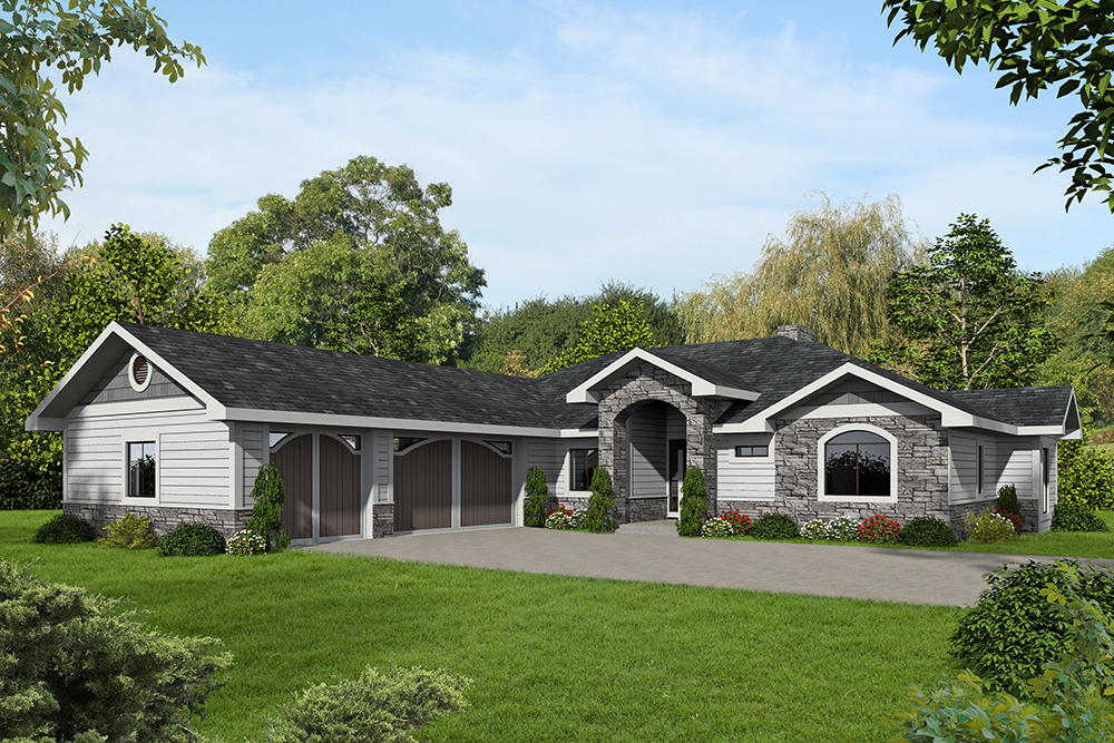 Front Elevation of this Ranch House (#132-1591) at The Plan Collection.