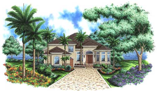 This image shows the Mediterranean style for this set of house plans.