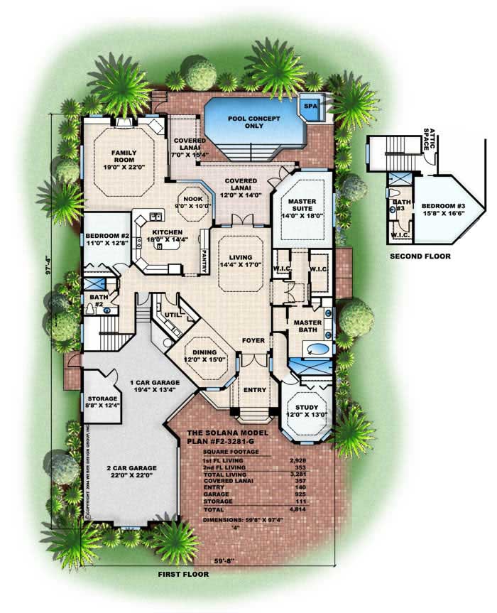 Floor Plan First Story of Florida Style Plan #133-1016