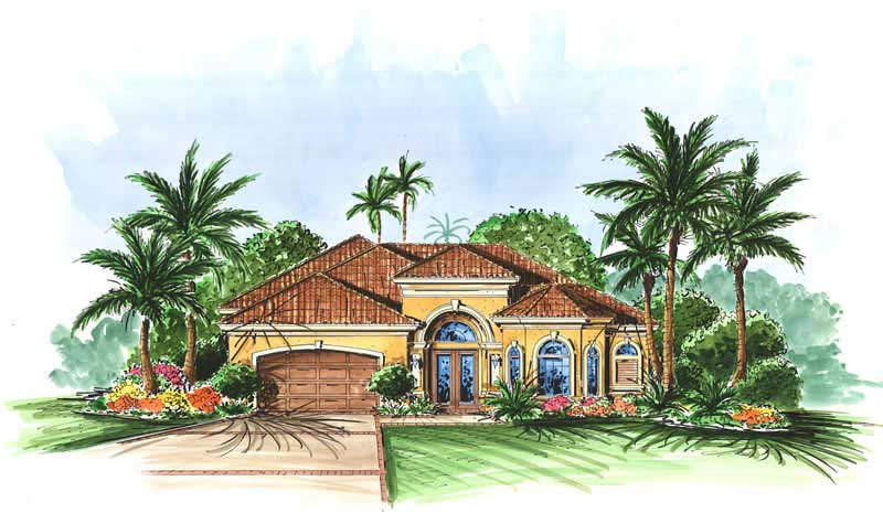 This image shows the exterior for these Mediterranean House Plans.