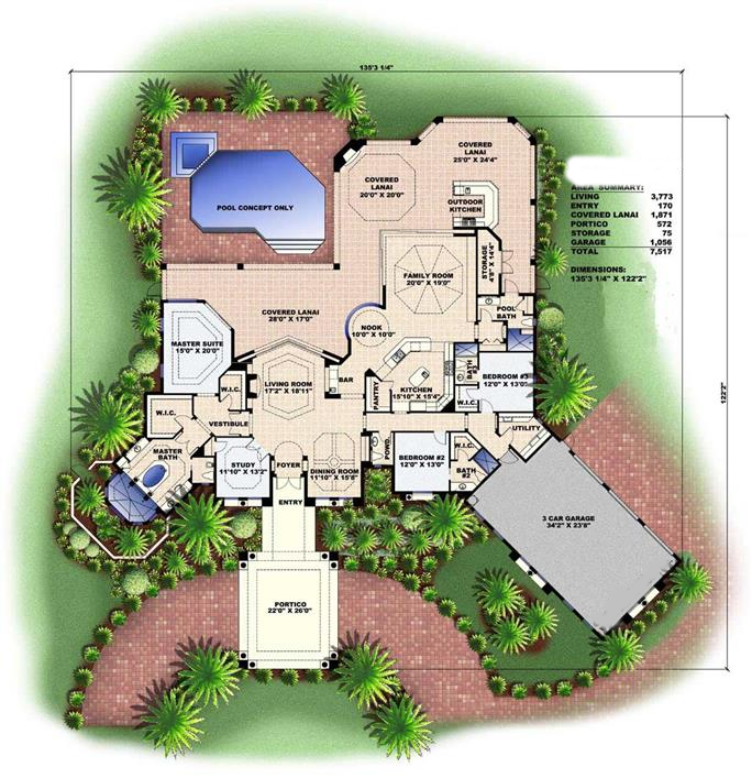 Floor Plan First Story of Florida Style Plan #133-1032
