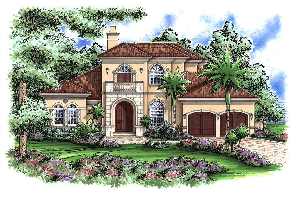 This image shows the Mediterranean style for this set of house plans.