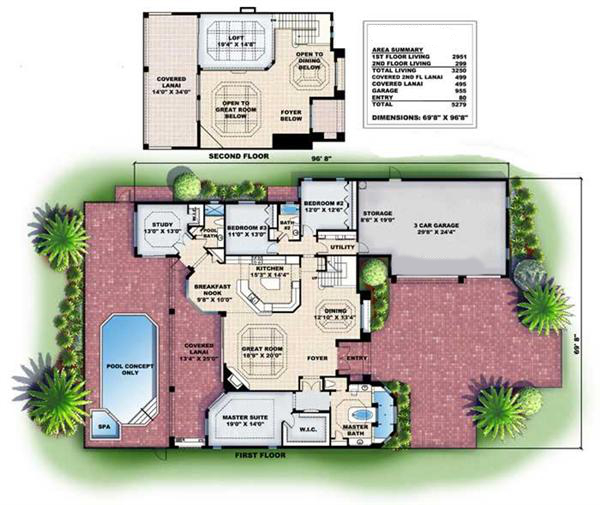 Floor Plan First Story of Florida Style Plan #133-1043