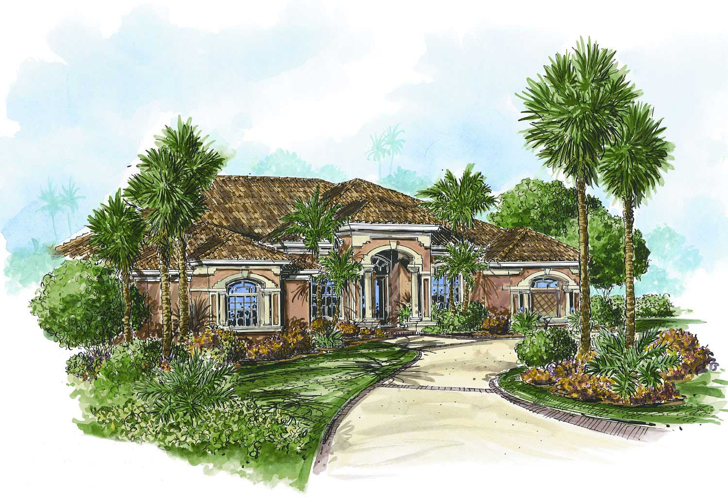 This image shows the Mediterranean style for this set of house plans.