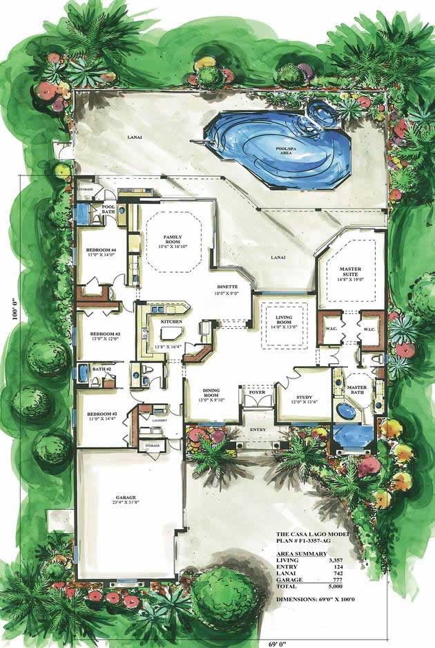 Floor Plan First Story of Florida Style Plan #133-1047