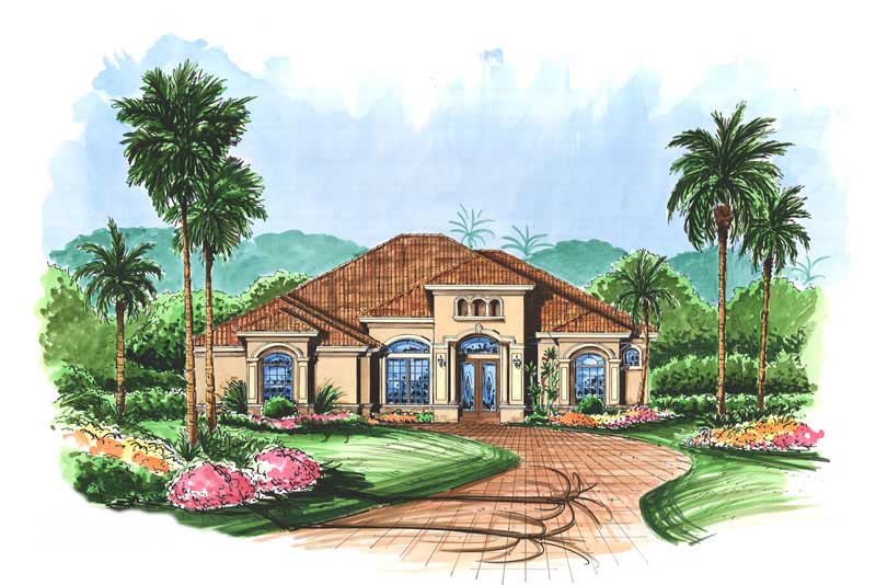 Mediterranen House Plans color rendering.
