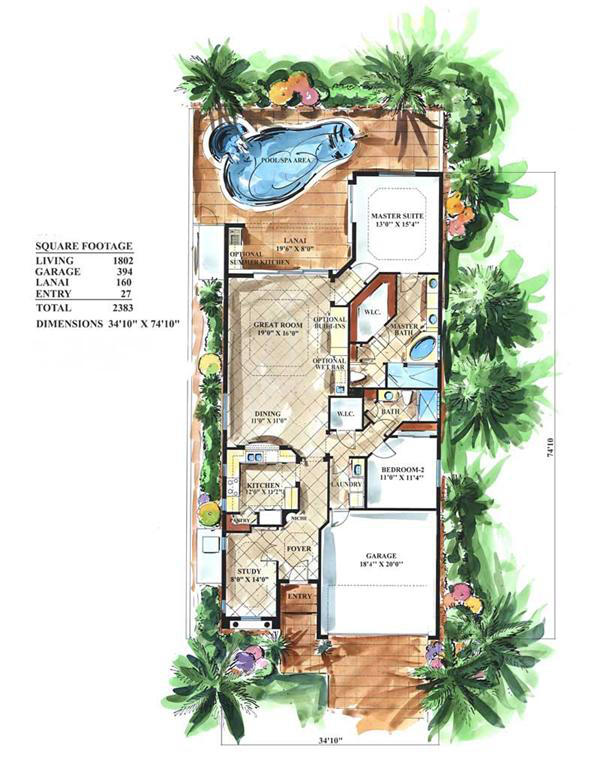 Floor Plan First Story of Florida Style Plan #133-1057