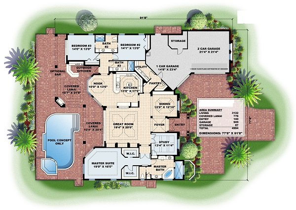 Floor Plan First Story of Spanish Plan #133-1060