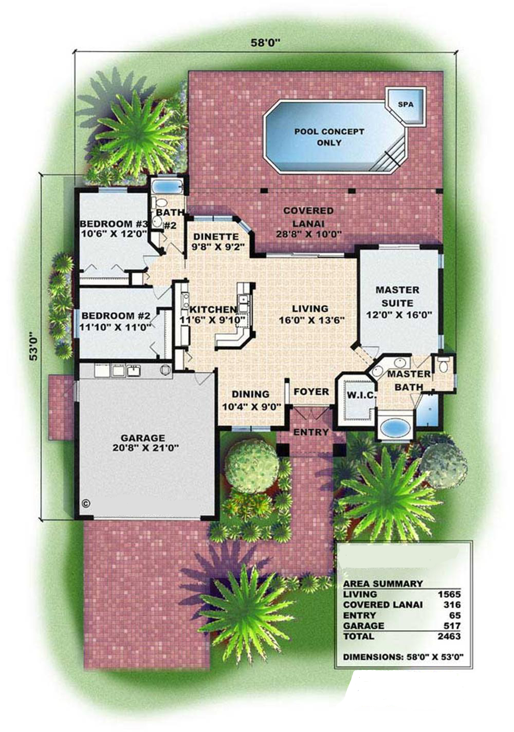 Floor Plan First Story of Florida Style Plan #133-1085