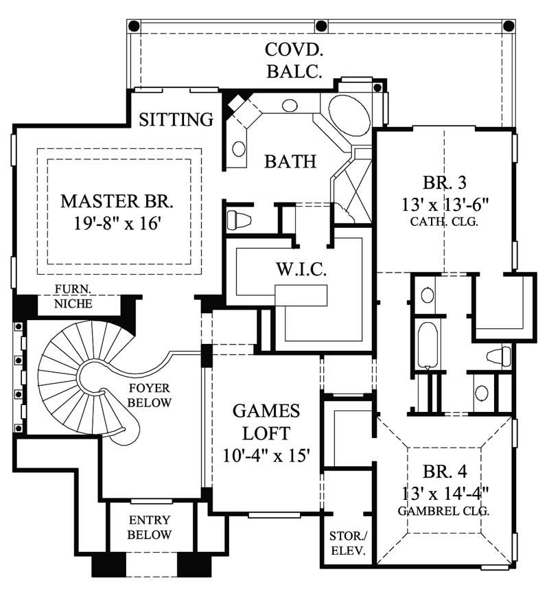 Floor Plan Second Story of Mediterranean Plan #134-1007
