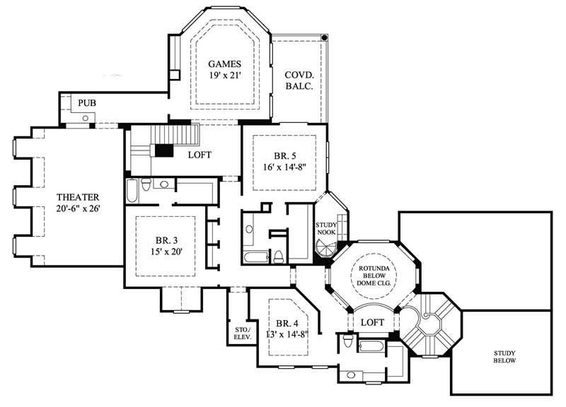 Floor Plan Second Story of Mediterranean Plan #134-1050