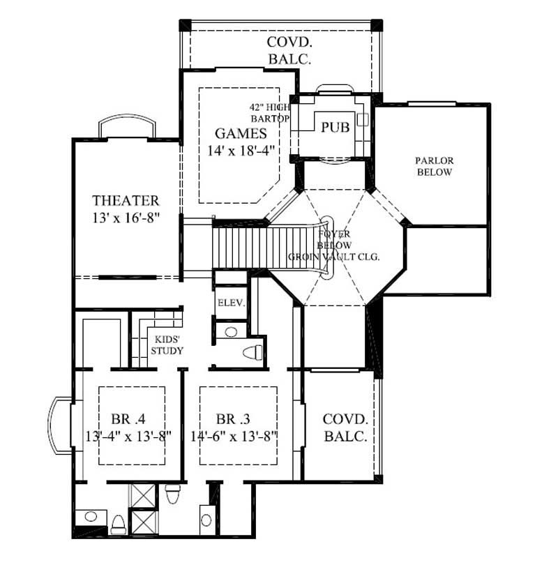 Floor Plan Second Story of Mediterranean Plan #134-1077