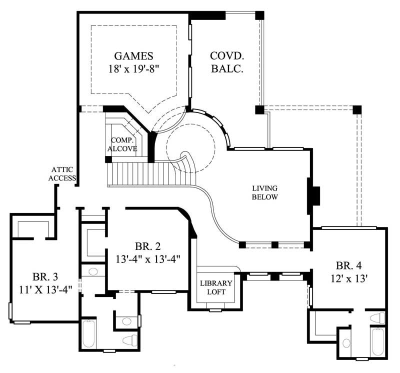Floor Plan Second Story of Mediterranean Plan #134-1111