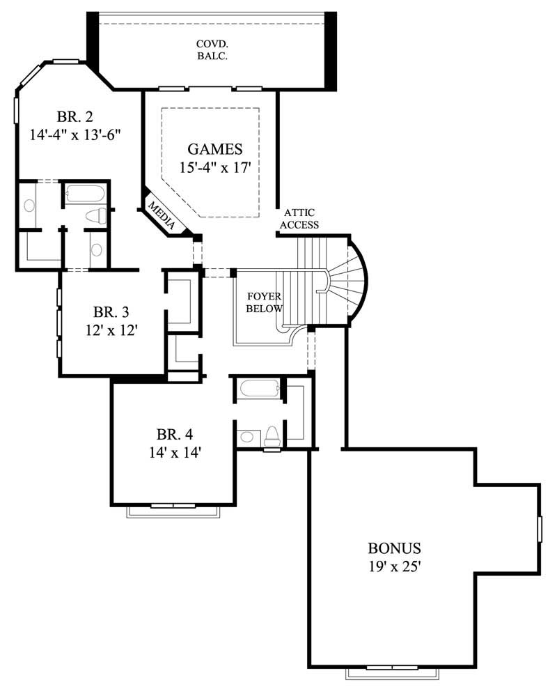 Floor Plan Second Story of Mediterranean Plan #134-1136