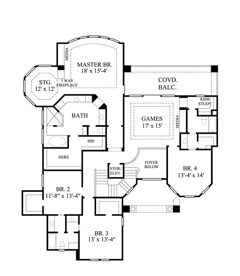 Floor Plan Second Story of Mediterranean Plan #134-1172