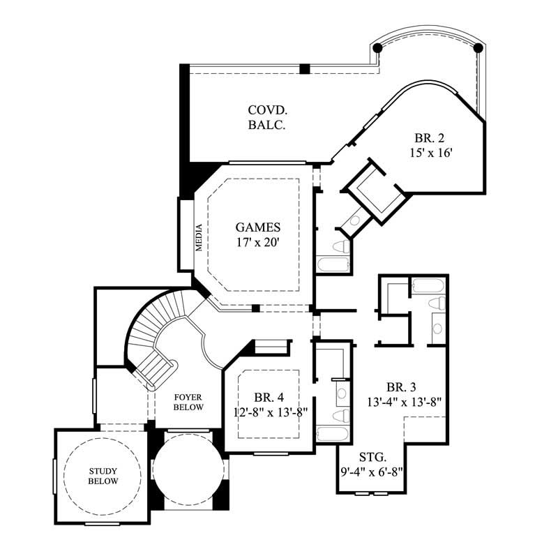 Floor Plan Second Story of Mediterranean Plan #134-1187