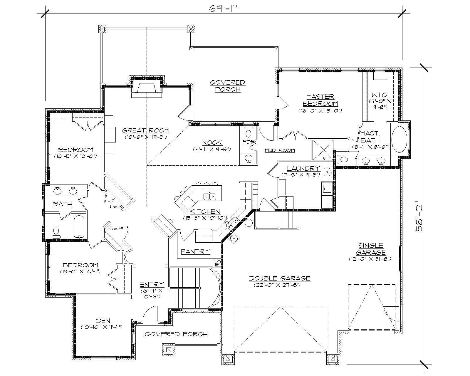 Floor Plan First Story of Craftsman Plan #135-1016
