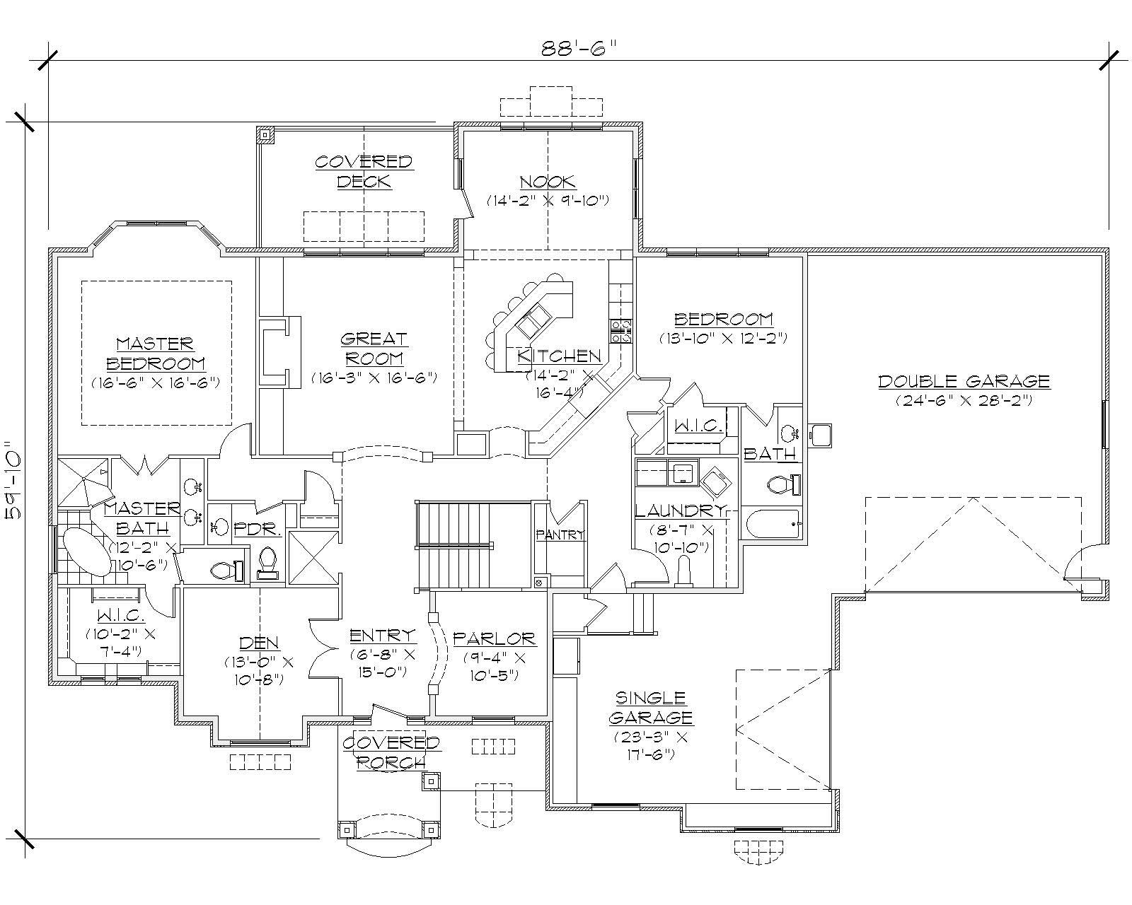 Floor Plan First Story of Ranch Plan #135-1075