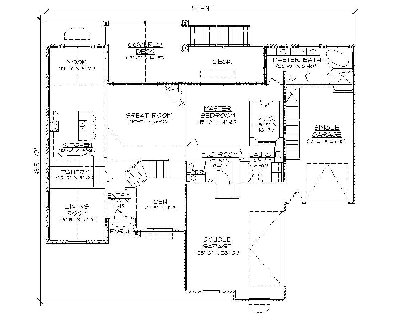 Floor Plan First Story of Ranch Plan #135-1145