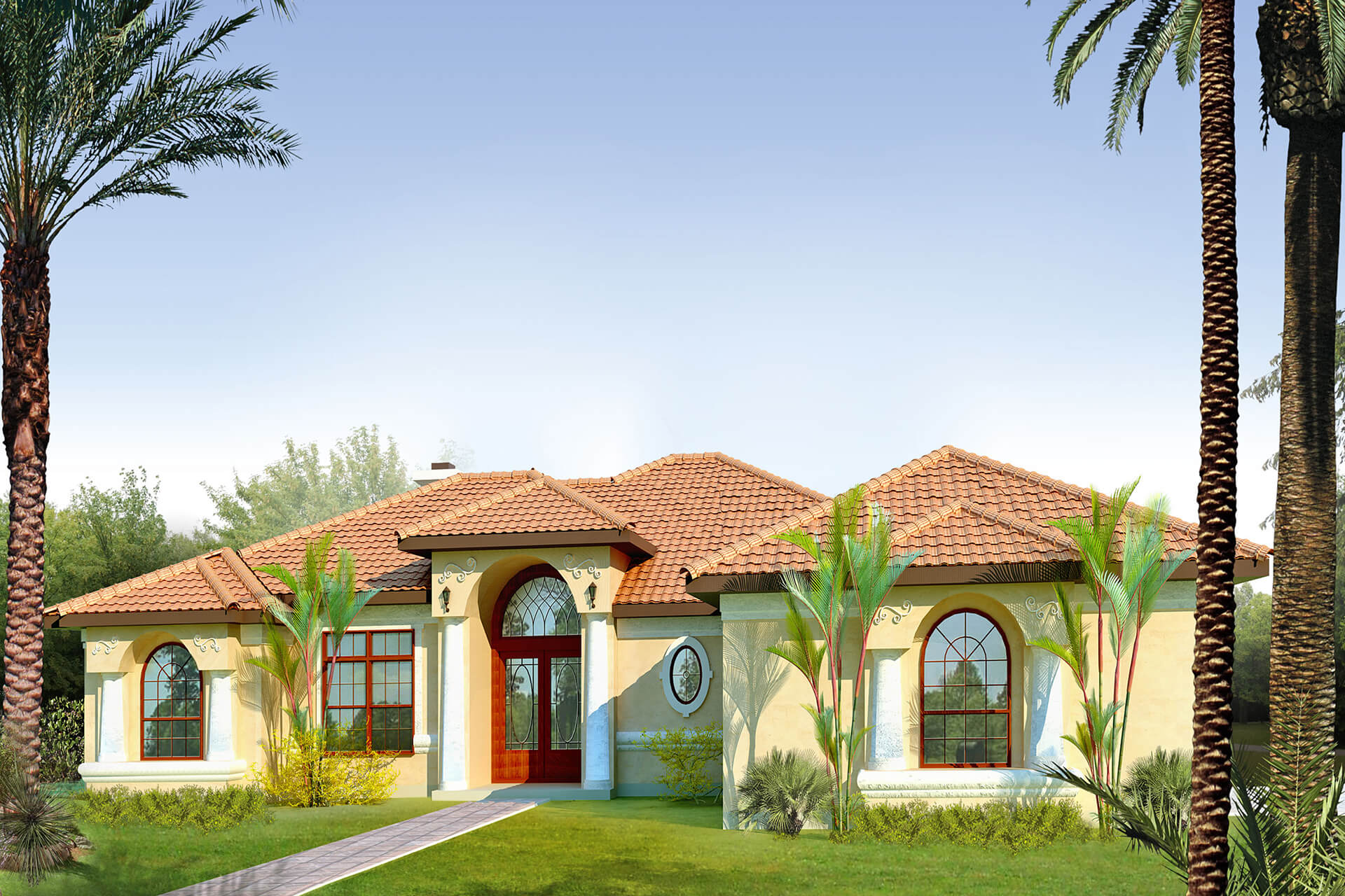 Front elevation of Mediterranean home (ThePlanCollection: House Plan #136-1023)