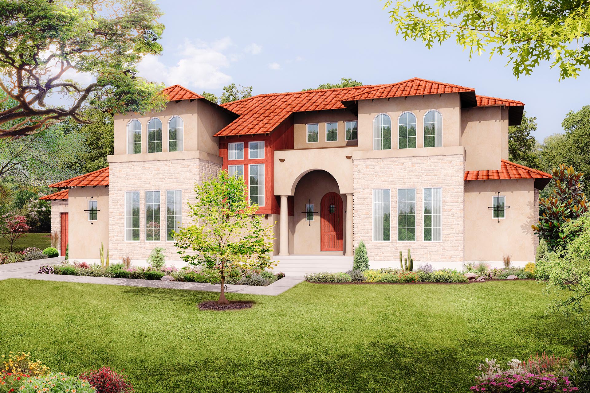 Front elevation of Mediterranean home (ThePlanCollection: House Plan #136-1039)