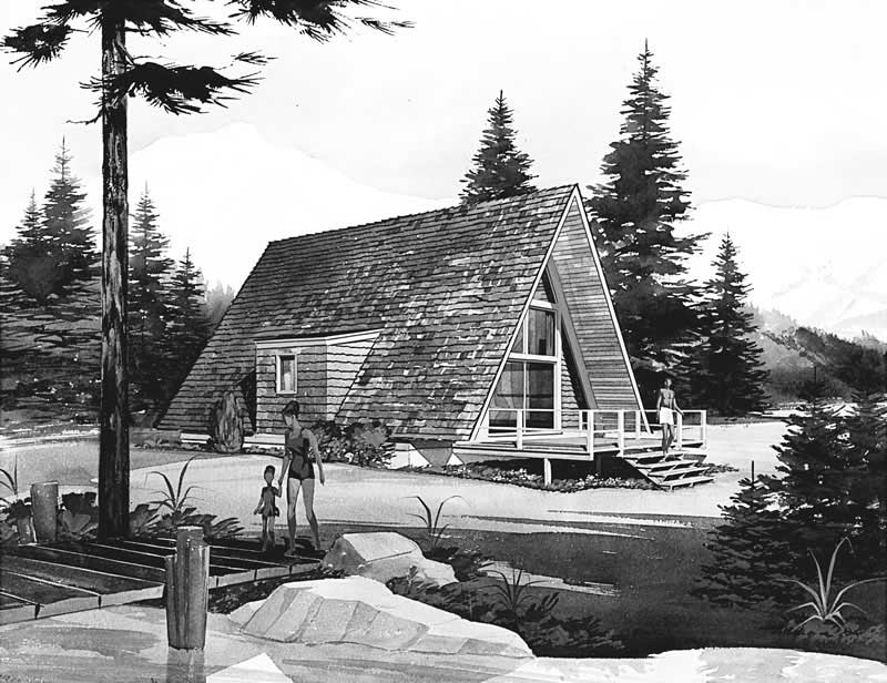 Front elevation of A Frame home (ThePlanCollection: House Plan #137-1744)