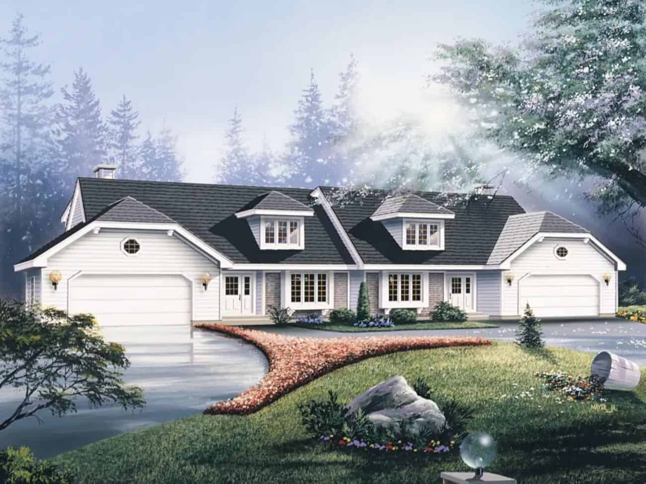 Front elevation of Duplex home (ThePlanCollection: House Plan #138-1468)