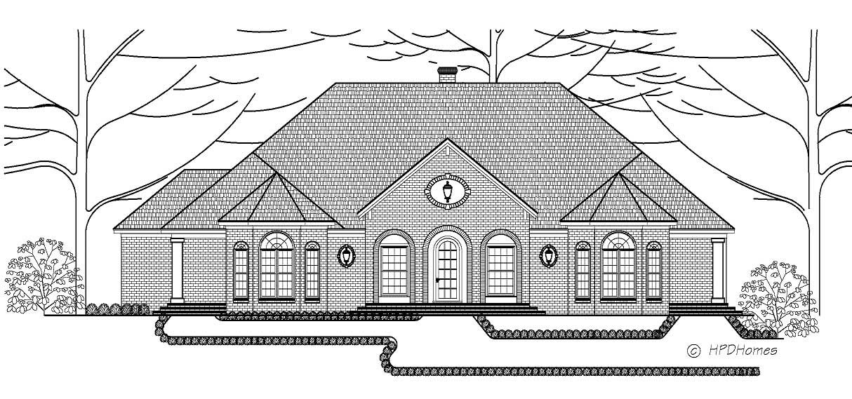 This black and white image shows the front elevation of these European Home Plans.
