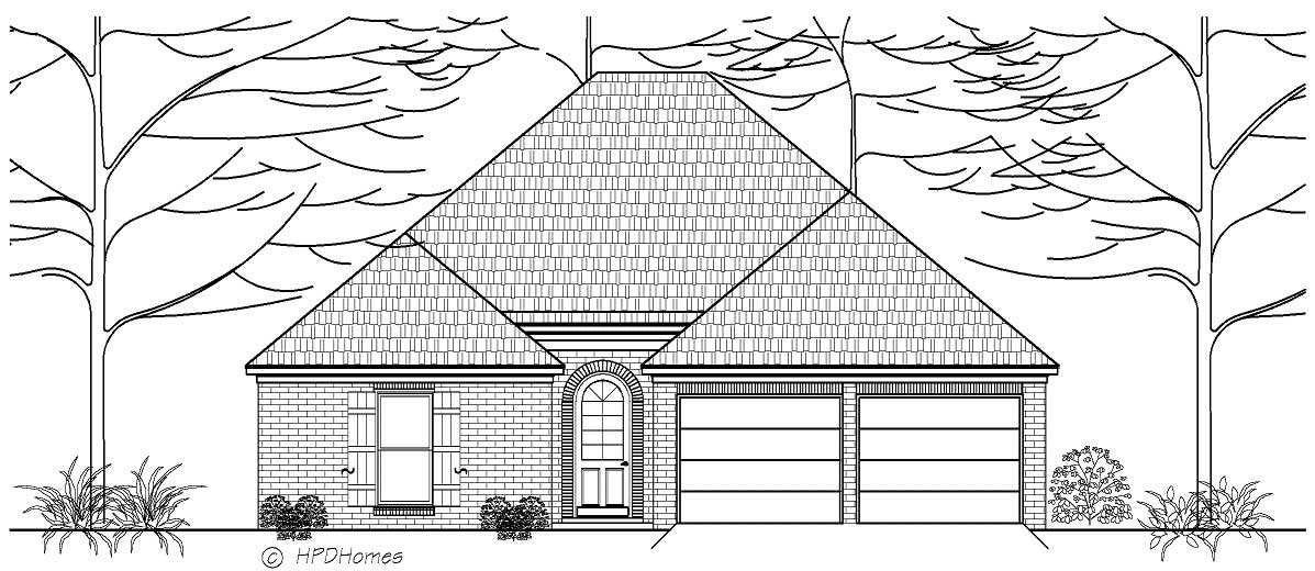 This is a black and white front elevation for these European House Plans.
