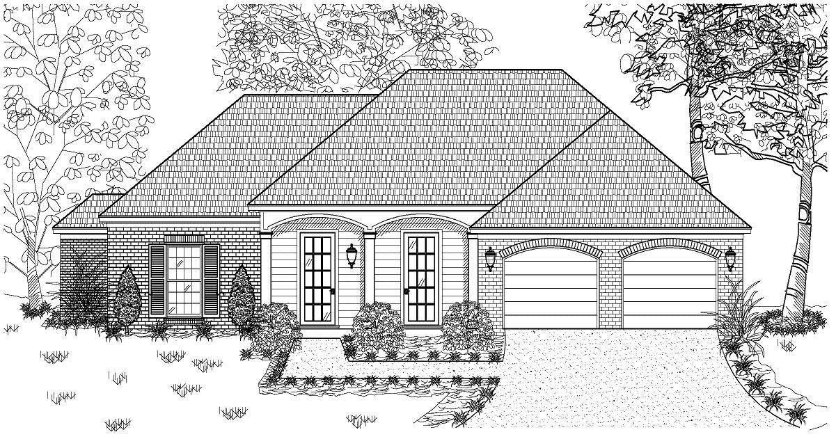 This is a black and white front elevation rendering for these Small House Plans.