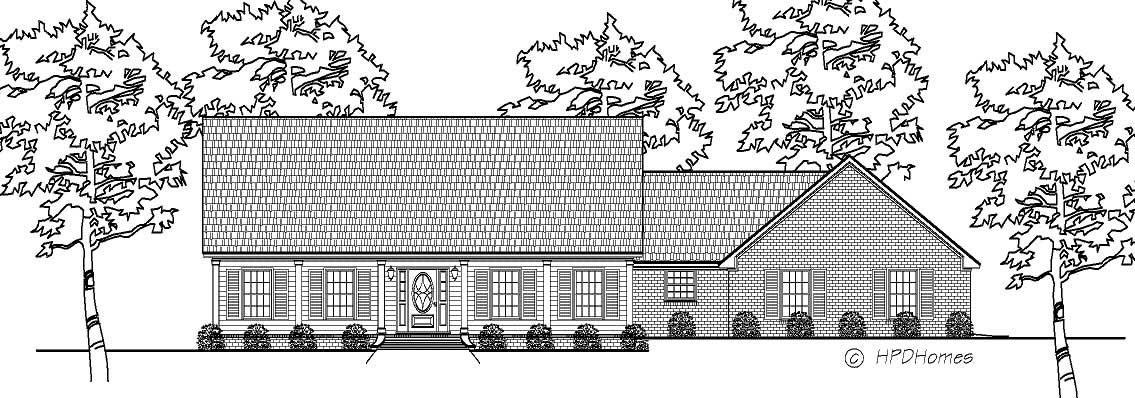 This is a black and white elevation for these Ranch Home Plans.