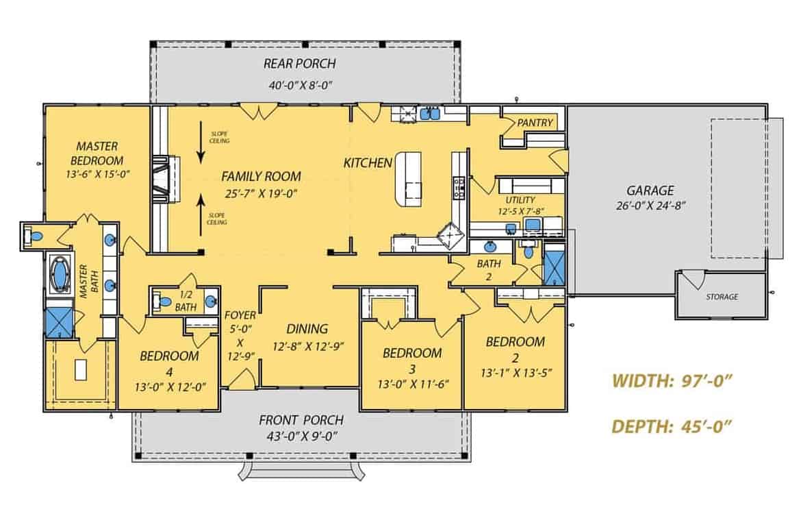 Floor Plan Main Level of Ranch Plan #140-1097
