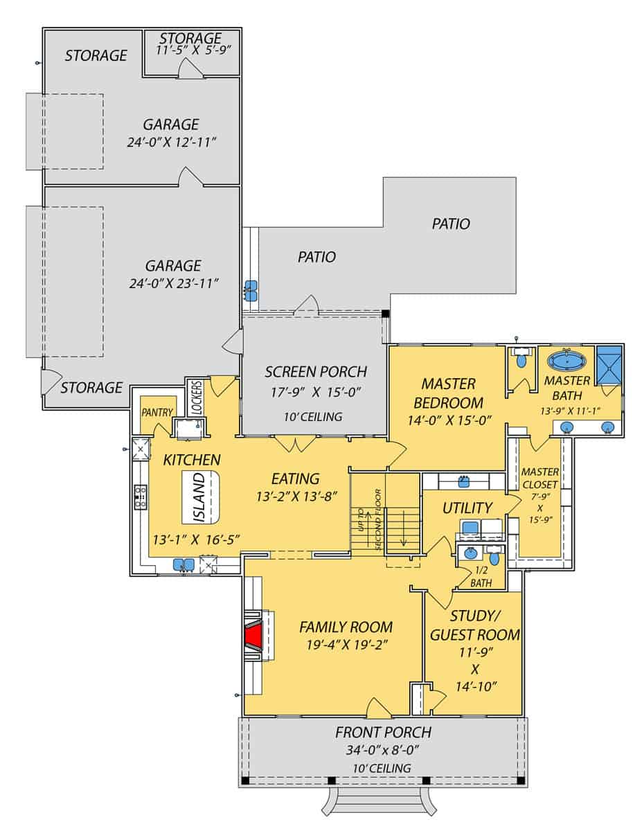Floor Plan Main Level of Farmhouse Plan #140-1101