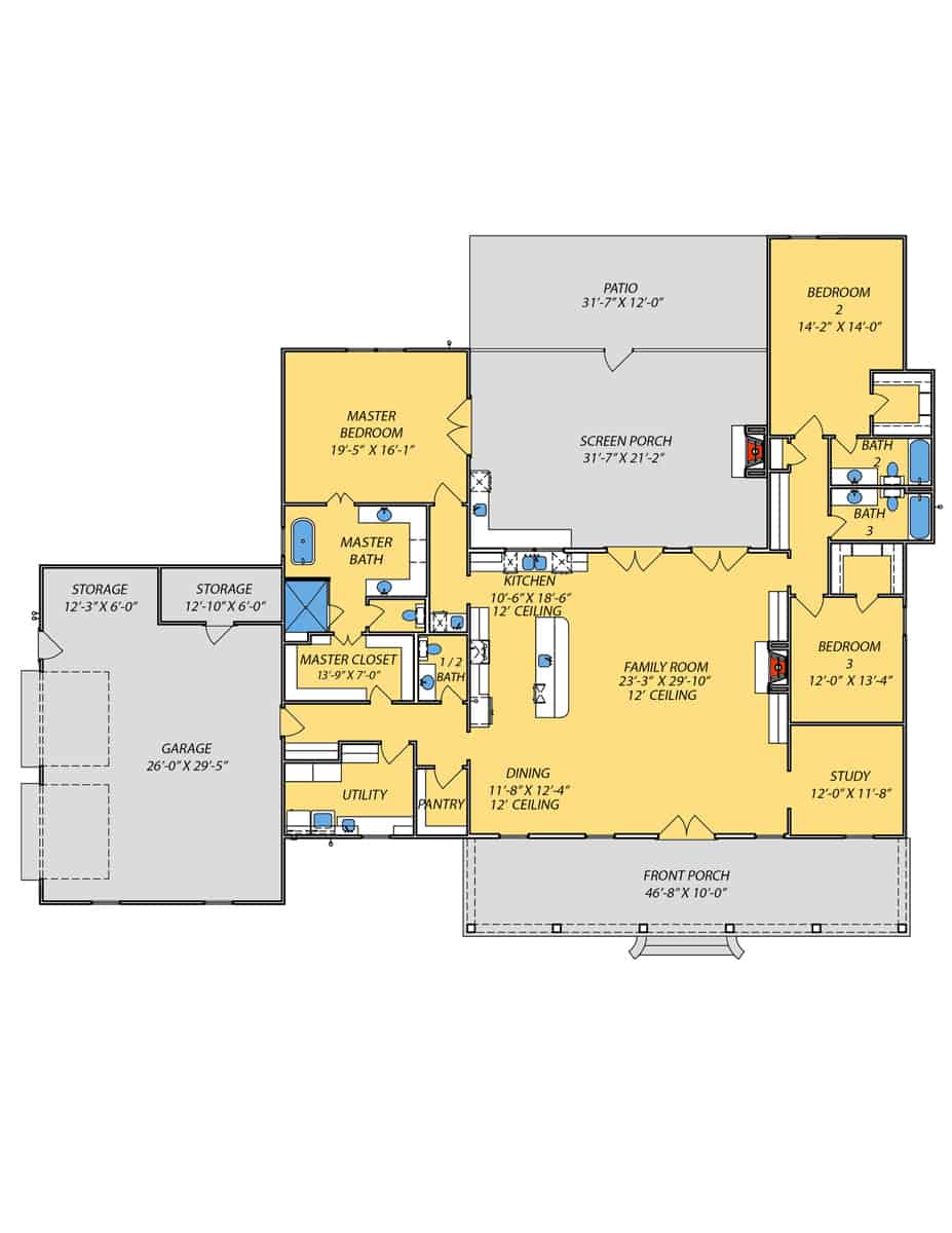 Floor Plan Main Level of Ranch Plan #140-1107