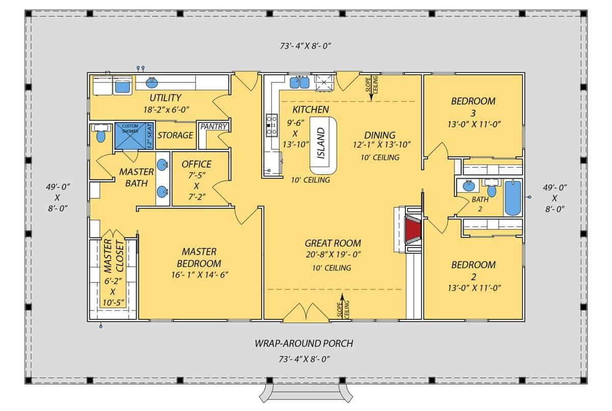 Main Level of Texas Style Plan #140-1132