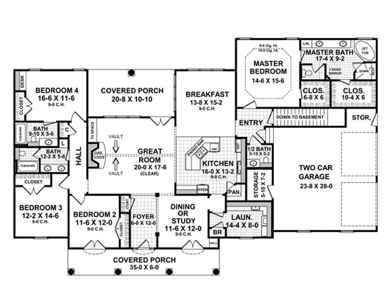 Floor Plan First Story of Acadian Plan #141-1024