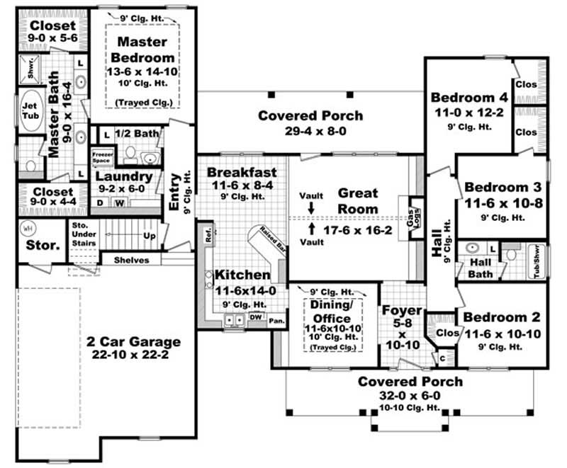 Floor Plan First Story of Acadian Plan #141-1071