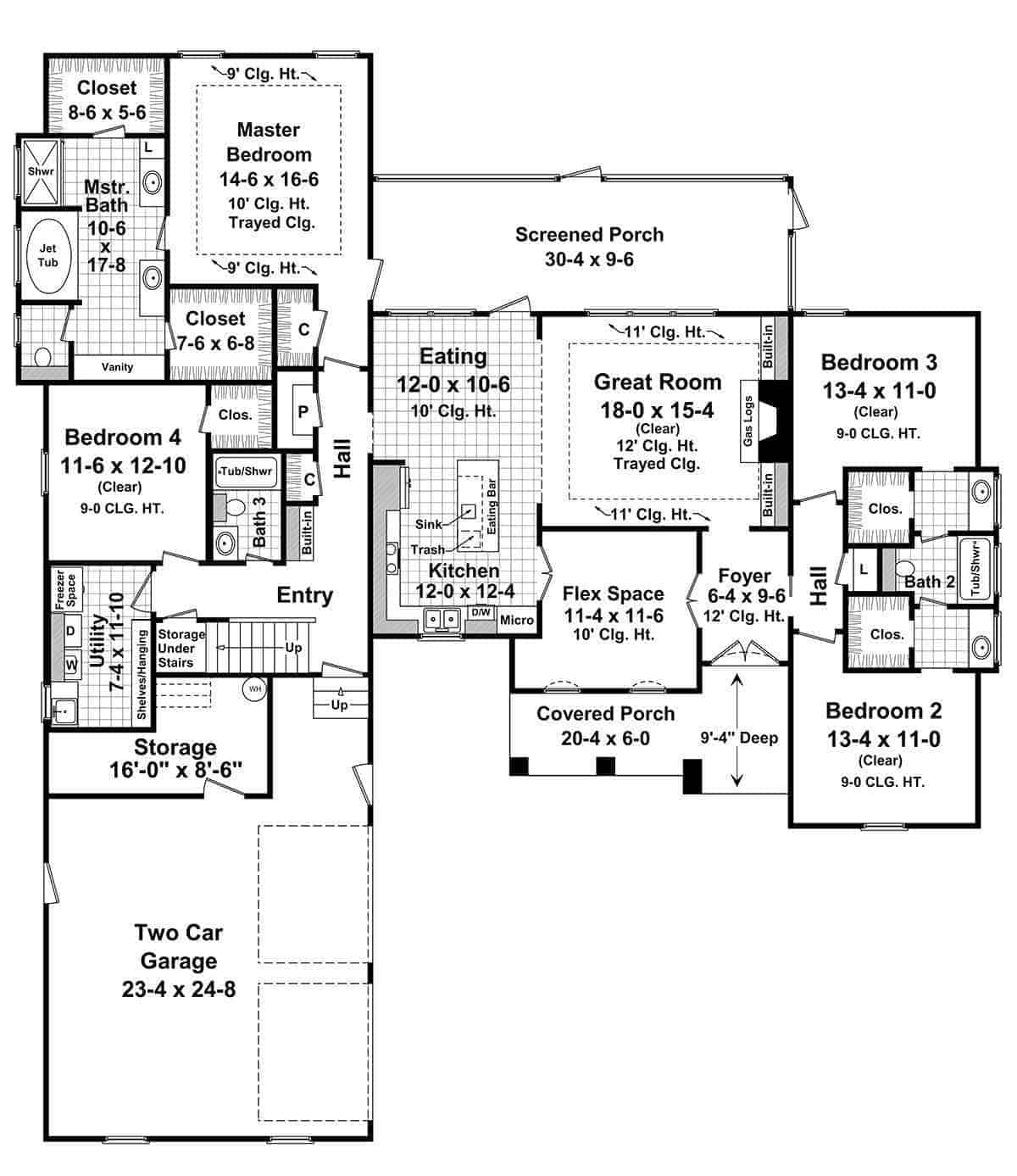 Floor Plan Main Level of Country Plan #141-1097