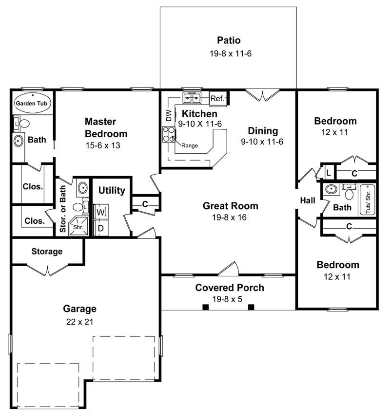 Floor Plan First Story of Ranch Plan #141-1143