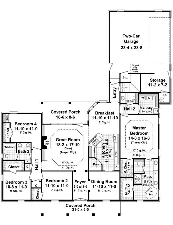 Floor Plan First Story of Acadian Plan #141-1148